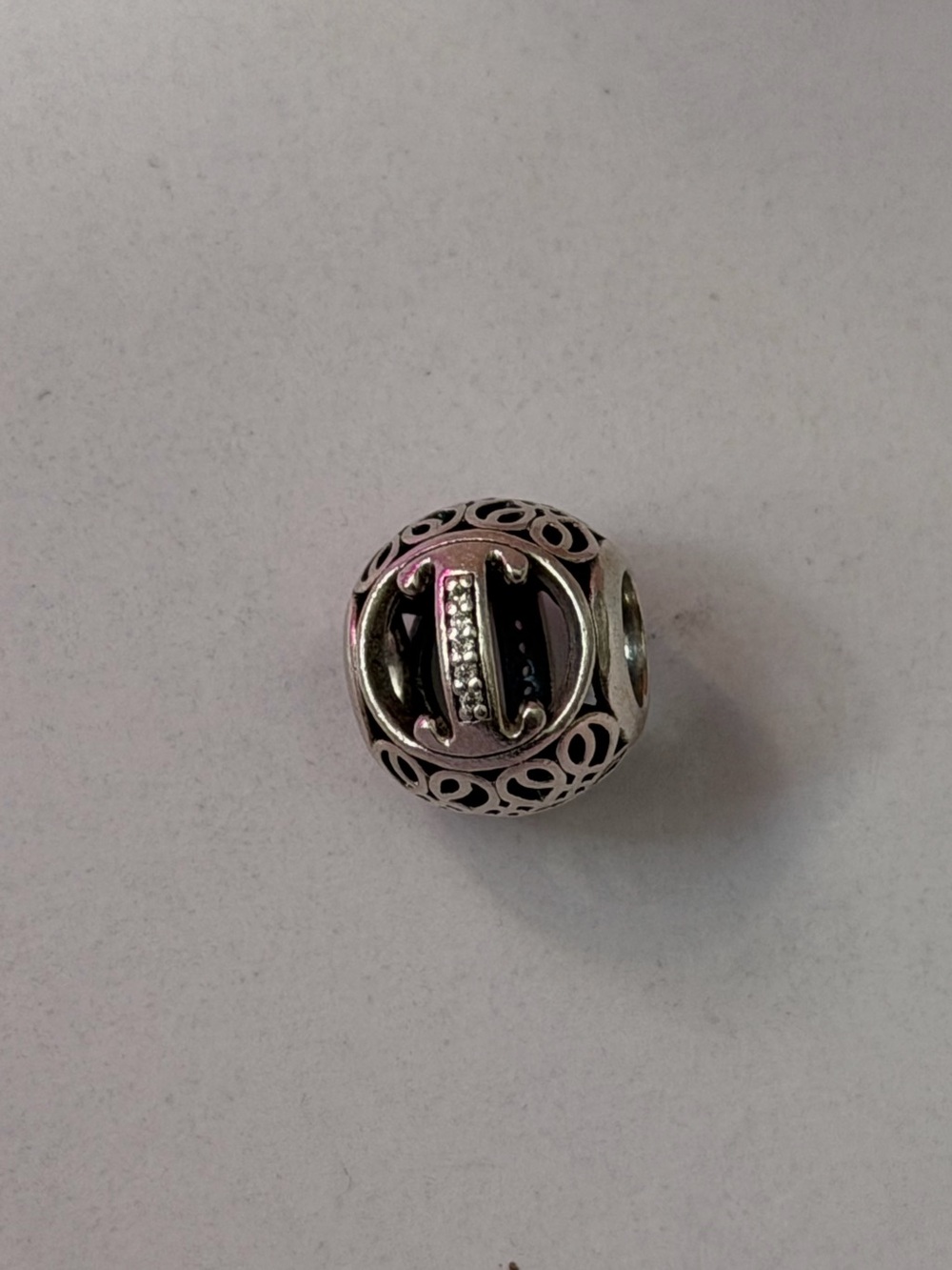 Pandora Silver Filigree Bead with Clear Stones and Black Enamel